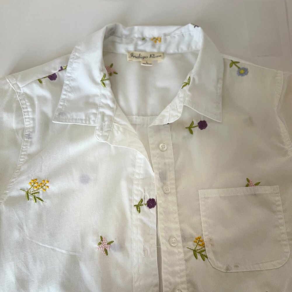 Indigo Rose White Floral Embroidered Button-Up Blouse | Statement Pocket | Long